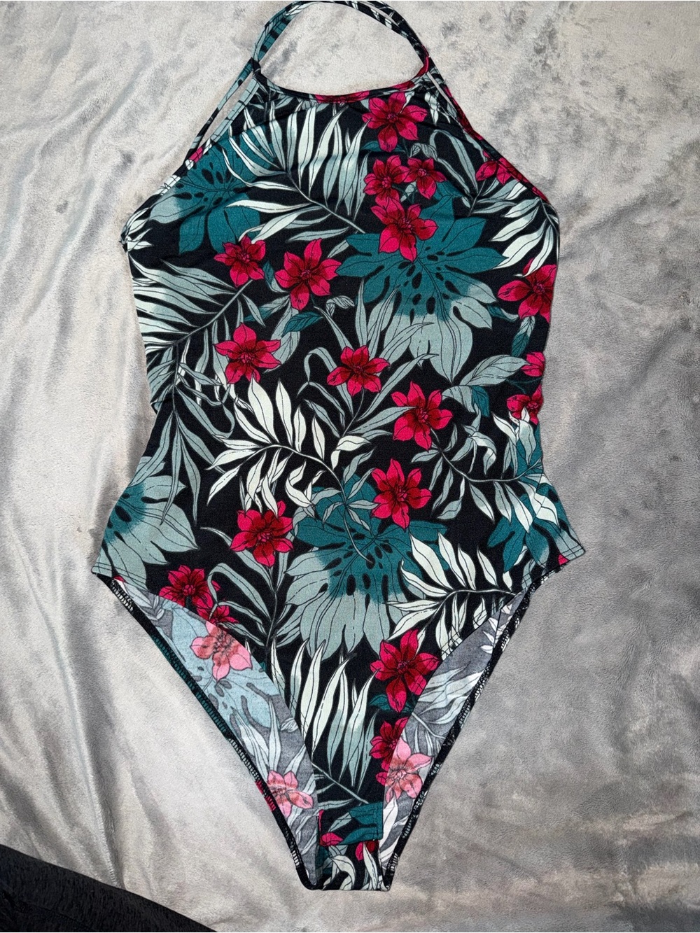 Floral Halter One-Piece Swimsuit - Black with Teal & Pink Floral Print